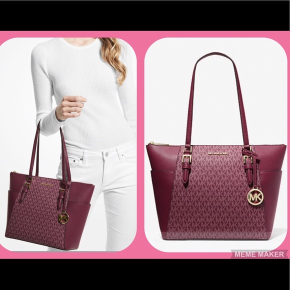 Michael Michael Kors Leather Merlot Charlotte Saffiano Leather Tote Bag NWT - Picture 2 of 3